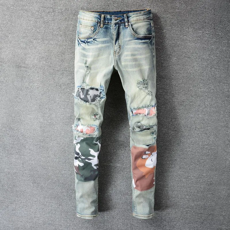 Jeans masculinos estilos de rua americanos homens retro azul claro manchas rasgadas designer designer hip hop jeans punk calças