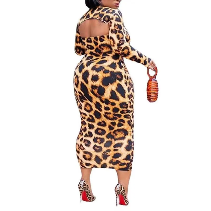 Plus Size Dresses L-5xl Sexy Women Clothing Hollow Out Leopard Print  Stretch Elegant Maxi Dress Fall Clothes Wholesale Drop