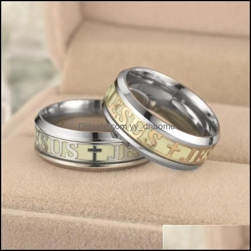 Glow in The Dark Jesus Cross Ring For Women Men stainless steel Christian religion Light finger Rings Fashion Jewelry Gift 89 K2