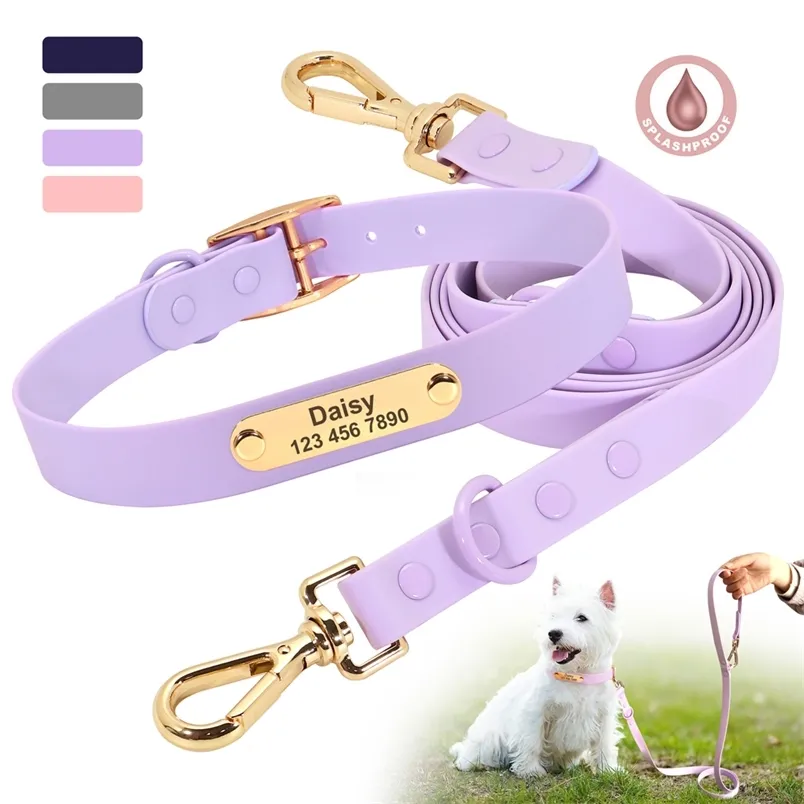 Collier de chien gravé personnalisé, ensemble de laisses imperméables en PVC pour chiens et chats, colliers d'identification personnalisés pour animaux de compagnie, corde de plomb pour petits et grands chiens 220608