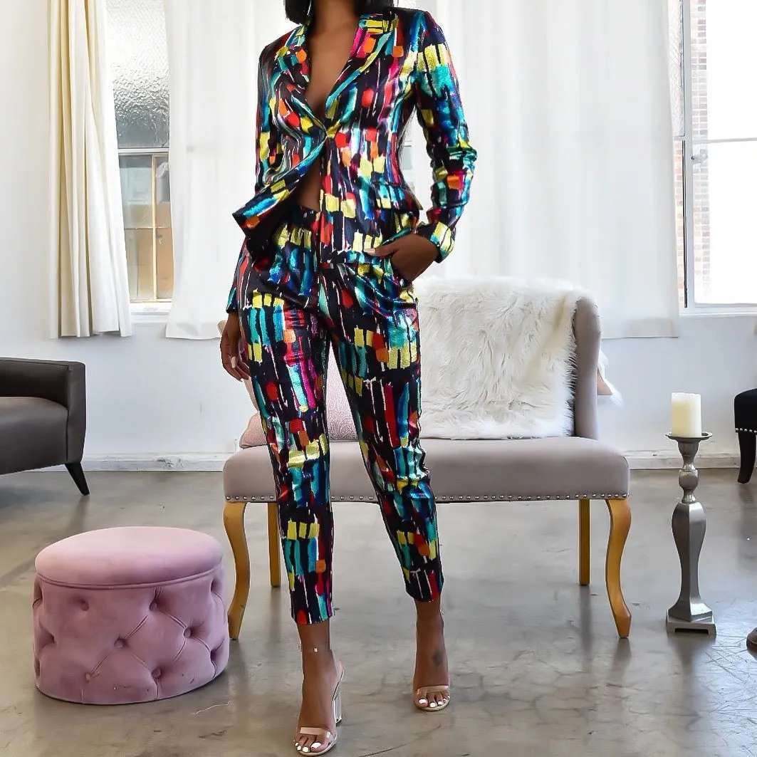 Women s Suits Echoine Colorful Sequin Women Pant Suits Blazer Jacket Pencil Pant 2 Piece Set Work Office business suits combinaison femme