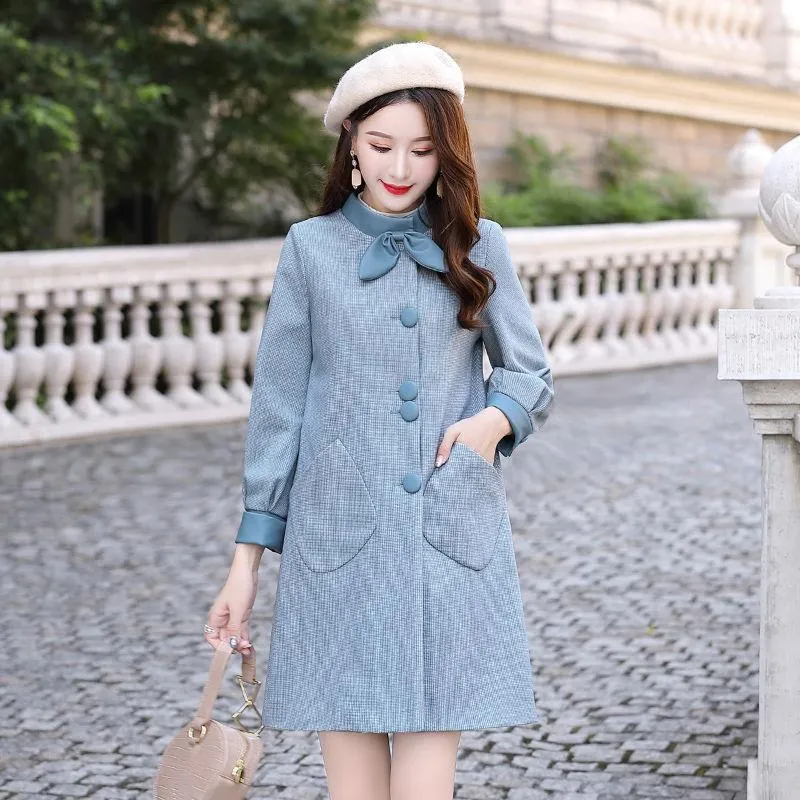2023 Spring Fashion Woolen Coat With Bow Tie Midi Dress Decoration  