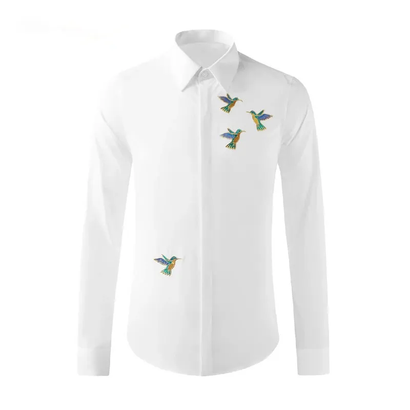 Camicia elegante da uomo a maniche lunghe Slim Casual Chemise homme Camicie stampate con uccelli volanti Camicie in puro cotone Camicie taglie forti da uomo
