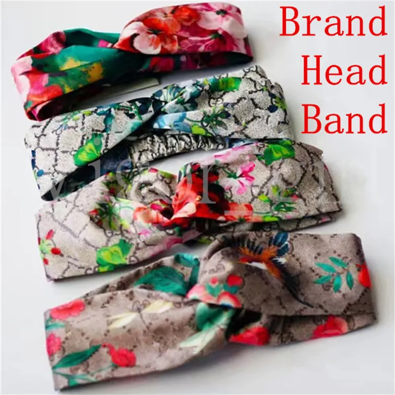 Brand Designer 100% Silk Cross Headband Women Girl Elastic Hair bands Retro Turban Headwraps Gifts Flowers Hummingbird Orchid fast ship