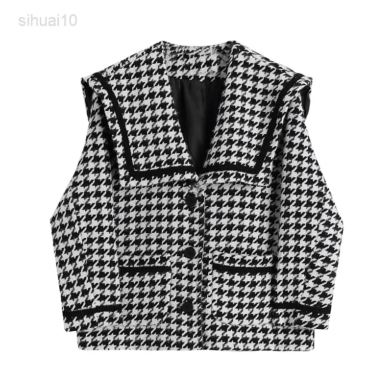 Autumn Winter Clothing Wool Short Jacket Female Korean Version Loose Houndstooth Padded All-Match Jacket Long Sleeve Tops Women L220725