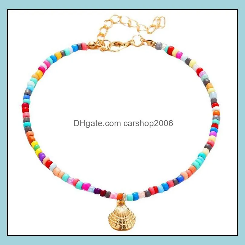 Bohemian Style Color Beaded Anklet Retro Alloy Scallop Pendant Foot Chain Beach Footwear for Women Girls