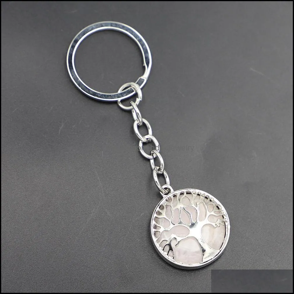 fashion tree of life key rings natural stone pendant keychain natural quartz stones pink crystal keychains accessories