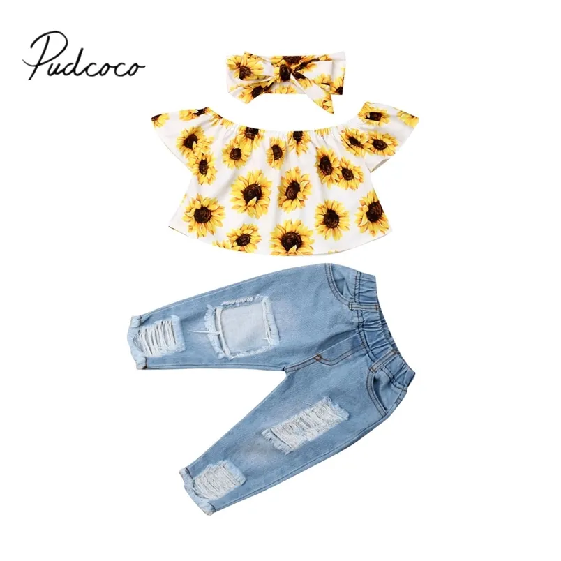 Baby Summer Clothing Fashion Kids Girl Off Shoulder Tops Sunflower Shirt Ripped Denim Jeans 3Pcs Outfits Set 6M 4T 220620