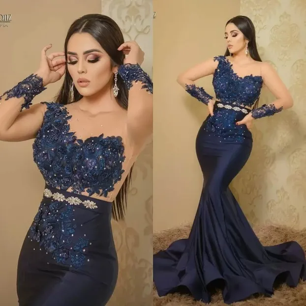 Aso Ebi 2022 Arabe Bleu Marine Sirène Robes De Soirée Dentelle Perlée Robes De Bal Sheer Cou Formelle Partie Deuxième Réception Robes F0325