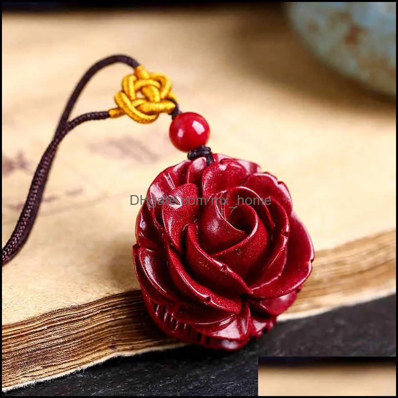 Chinese Style Products Natural Cinnabar Stone Rose Pendant Purple Gold Sand Flower Blossom Rich Sweater Chain Good Luck Is the First to Ward Off