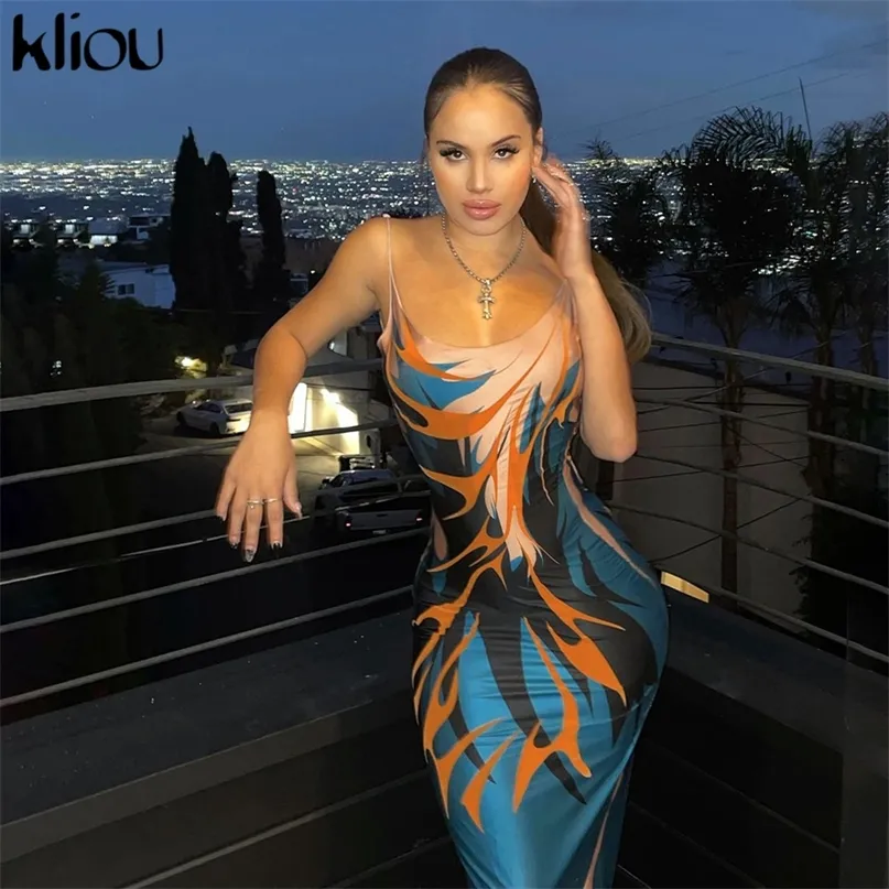 kliou yesthetic print camis maxi dresゆるいノースリーブVネックのcleavageバックレスカジュアルシルキーセクシーパーティーミッドナイトクラブ220509