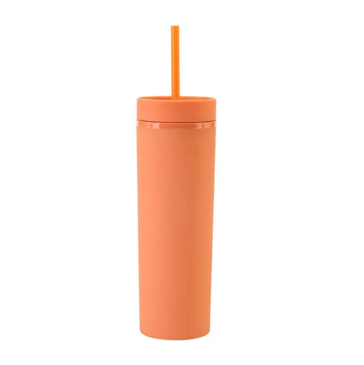 !16oz Matte Skinny Acrylic Tumbler with Lid Straw Double Walled Plastic Water Bottle Portable Frosted Coffee Mug