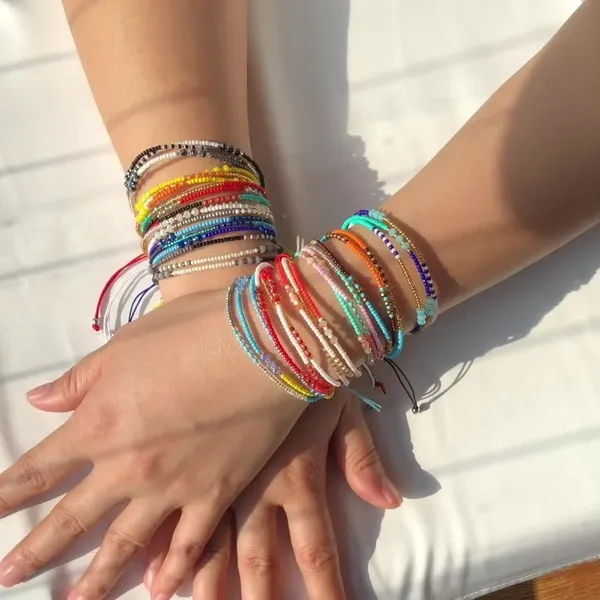 Регулировка многослойных бохо этнических разноцветных рисовых бусин браслет женская плетеная веревка браслеты браслеты летние подарки для женщины мода ювелирные изделия