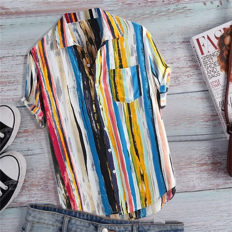 2020 Pocket Striped Shirt Men Summer Short Sleeve Top Multicolor Men's Loose Single-Breasted Shirt Top Casual Beach Shirt T200505