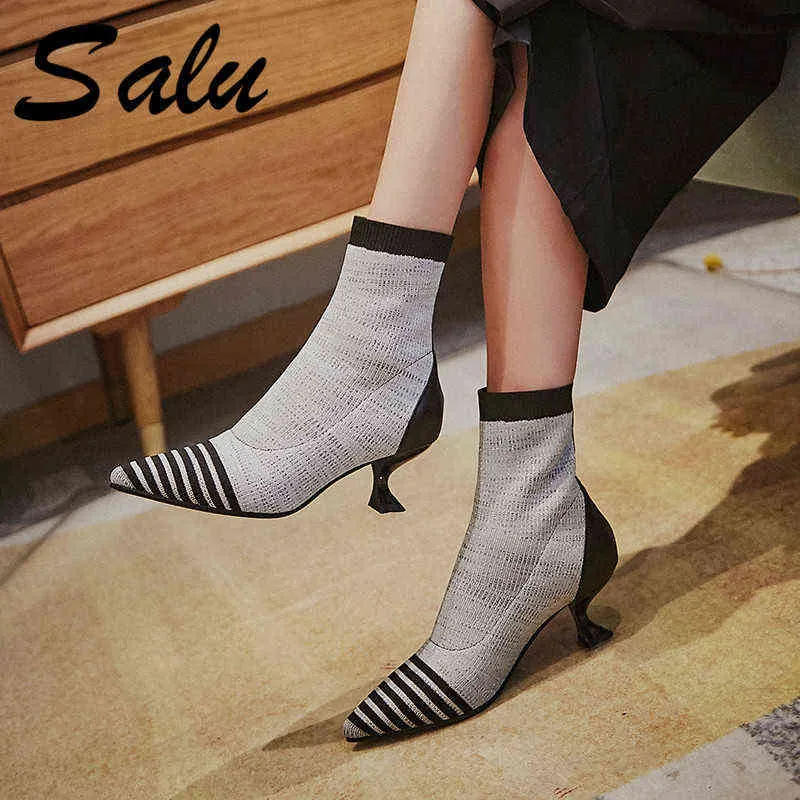 Dress Shoes Salu Knitting Leather Women Ankle Boots Thin High Heels Woman Poined Toe Black Gray 220318