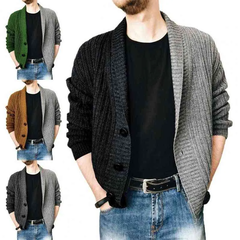 Hommes tricoté à manches longues pull veste automne hiver simple boutonnage couleur couture gilet pull survêtement gilet hommes L220730