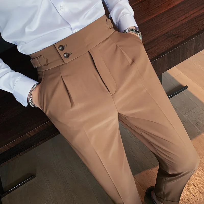 Estilo britânico outono sólido calças de cintura alta dos homens calças formais fino ajuste negócios casual terno calças hommes
