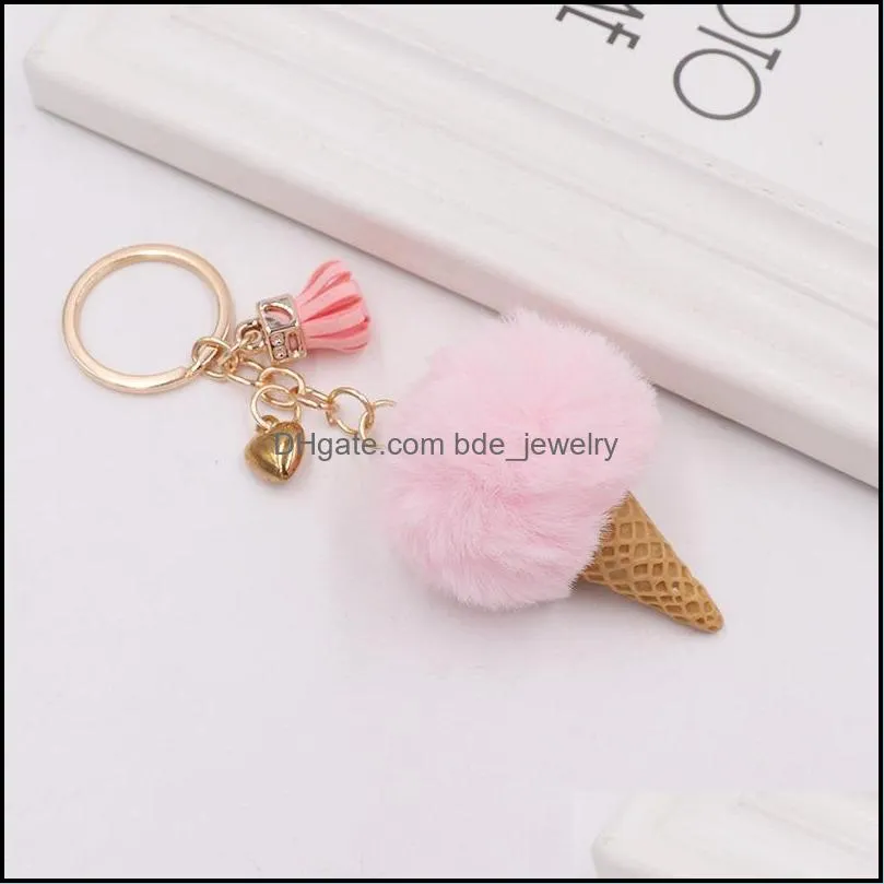 ice cream keychain cute bag cartoon key rings imitation rex rabbit fur plush pendant cone car hair ball bag accessories keychains