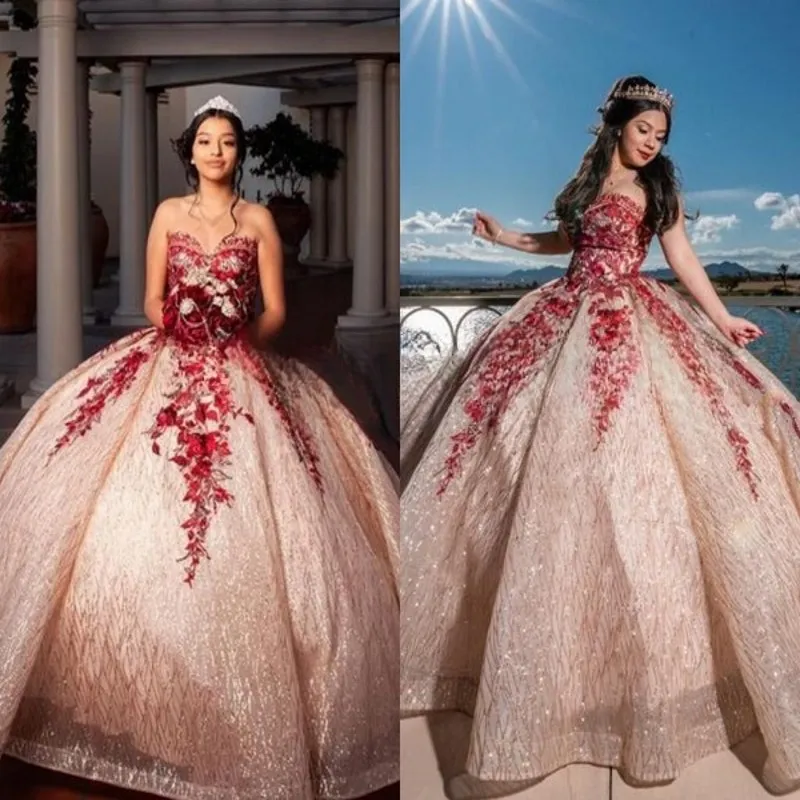 Mooi roségoud en rode kanten kweeperen jurken lieverd veter korset top sprankelende pailletten applique quinceanera jurken
