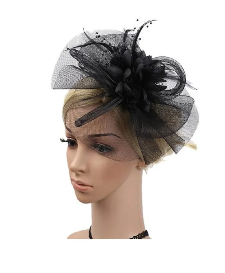 Mode mesh fascinators hoed vrouwen trouwfeest veer fascinator hoofddeksel haarclip decor hoeden