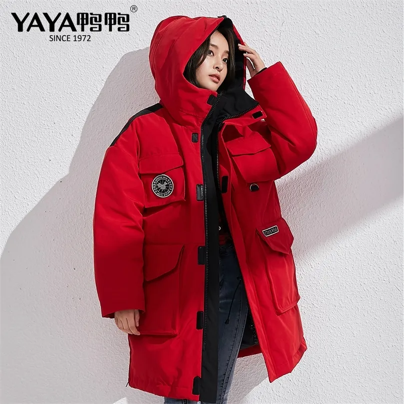 Yaya Winter Women's European Style Big Pocket Down Jacket Thicken Warm Plus Size Black White Red Snow Coat 201128