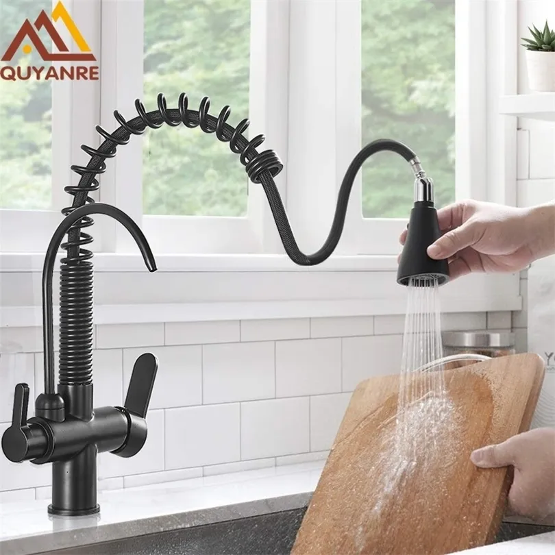 Quyanre Black Kitchen Faucets 여과 된 물 크레인 주방 풀 아웃 스프링 360 회전 주방 믹서 탭 믹서 T200805