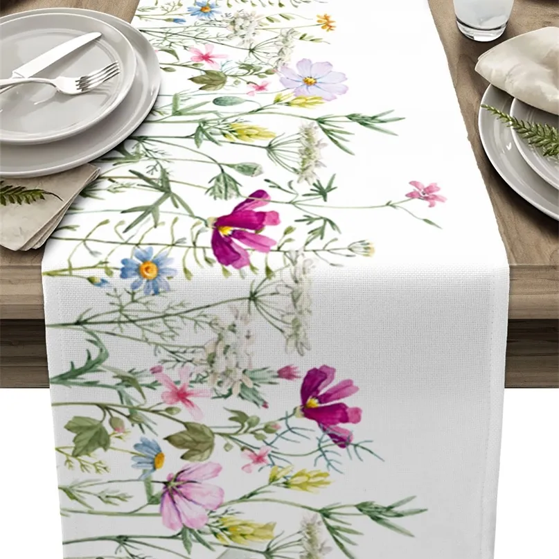 Luxe tafelloper lente bloemen gekleurde velden Verjaardagsfeestje El Dining Hoge kwaliteit katoen en linnen doek 220615