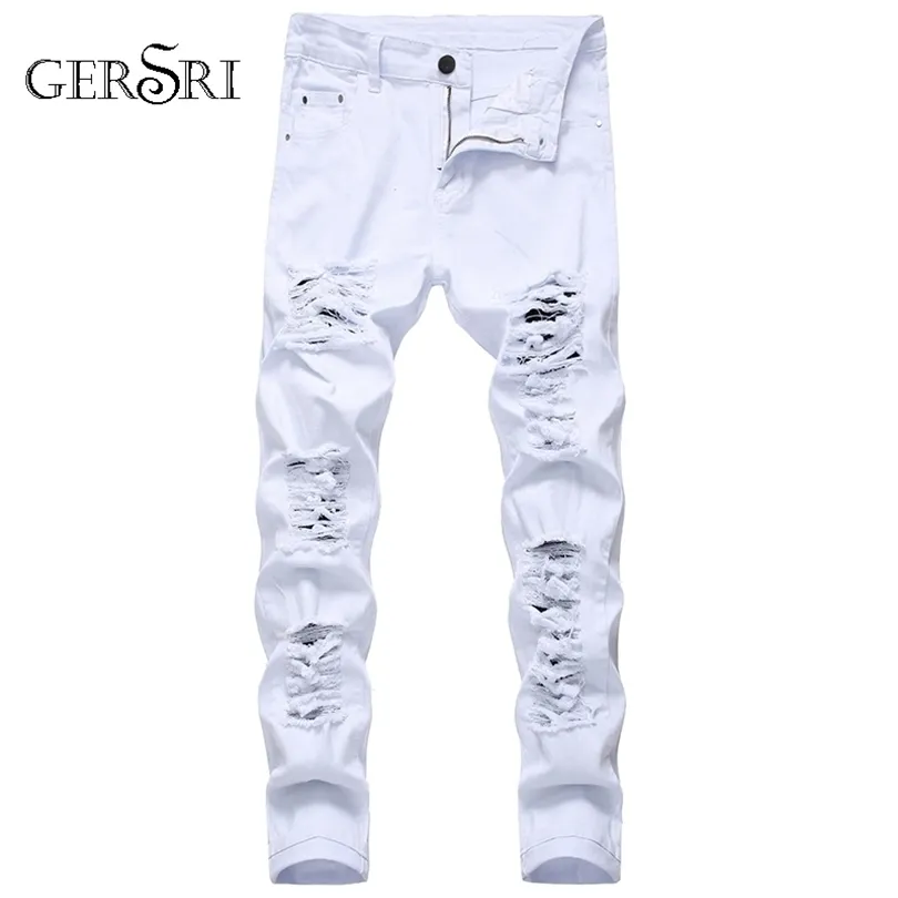 Gersri straight hole destruction trousers distressed jeans men denim trousers men jeans fashion designer brand white jean male T200614