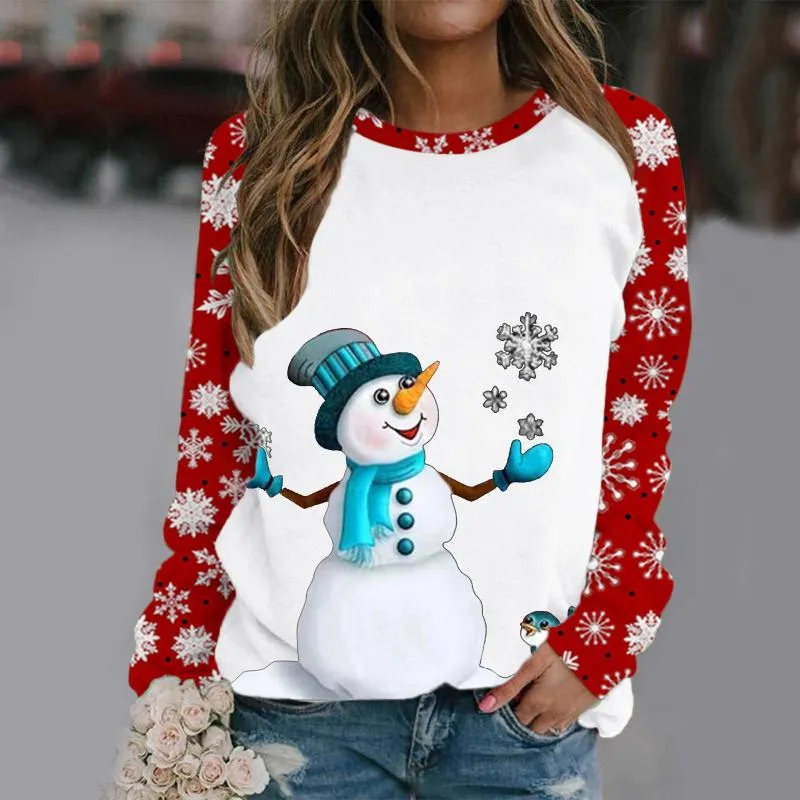Sudaderas con capucha para mujer, Tops informales para mujer, Top de Navidad para mujer, camiseta con estampado de muñeco de nieve bonito, blusa de manga larga, Sudadera con capucha redonda