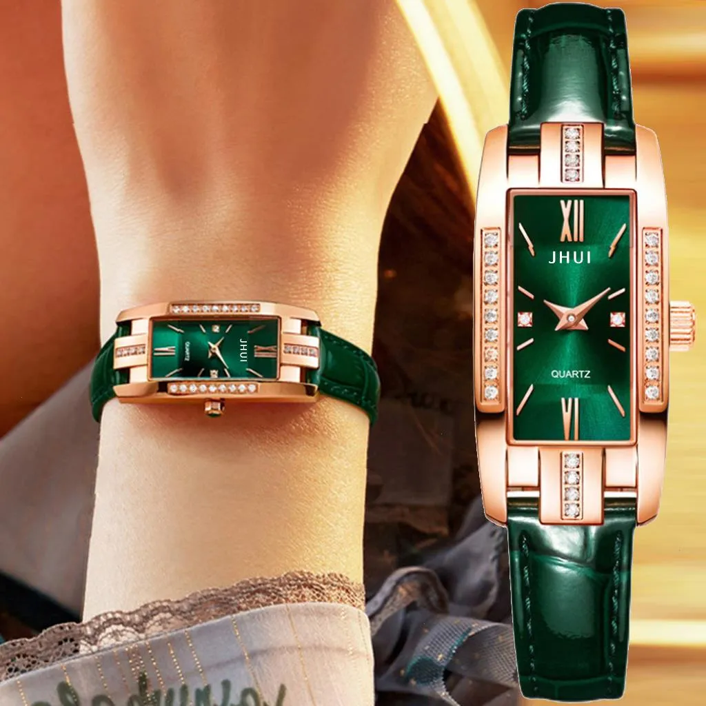 Watches Women Square Rose Gold Wrist Green Leather Fashion Female Ladies Quartz Clock Gifts Montre Femme
