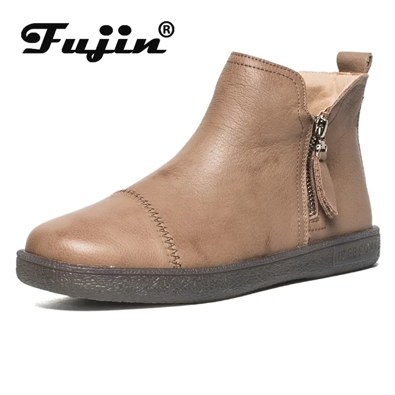 Fujin printemps en cuir véritable vache femmes bottines imperméable sans lacet Super confortable chaussons automne hiver chaussures Non 220813