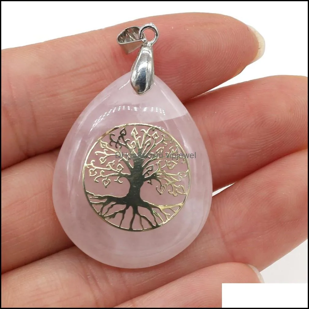 natural stone tree of life pendant charms purple pink crystal tiger`s eye water drop shape metal alloy pendant seven chakra reiki for diy jewelry necklace