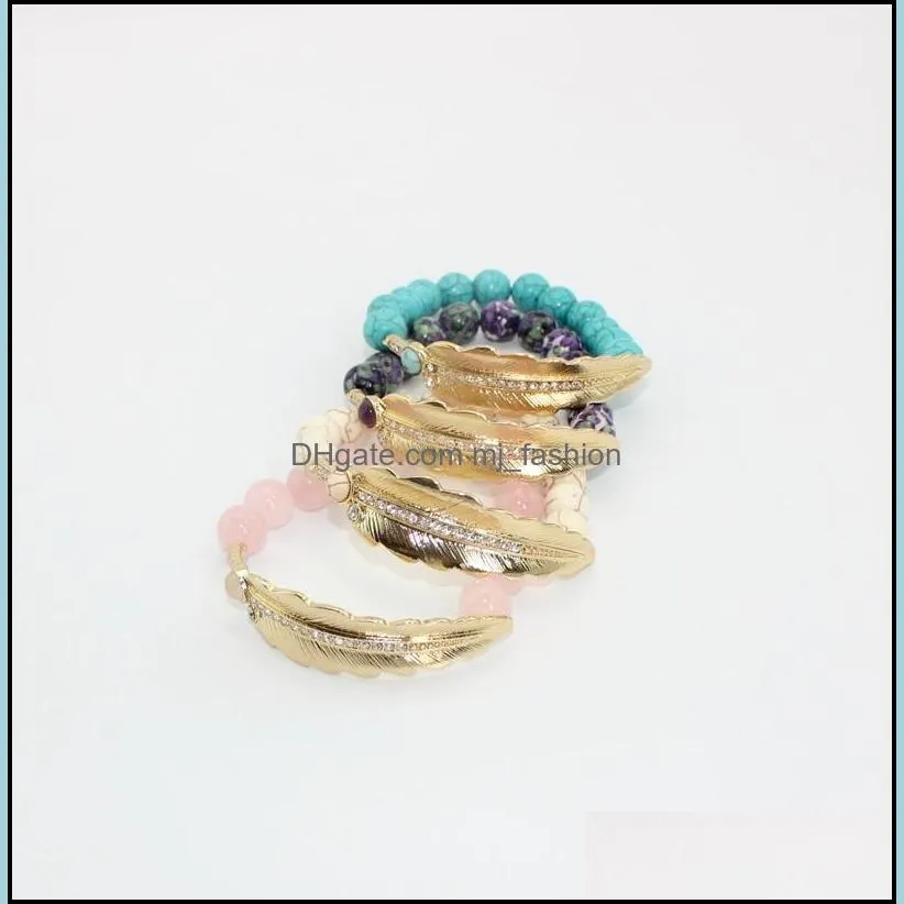 Fashion Gold Plated Leaf Bracelets Natural Stone Pink Crystal Turquoise Bead Bracelet For Women Brand Jewelry