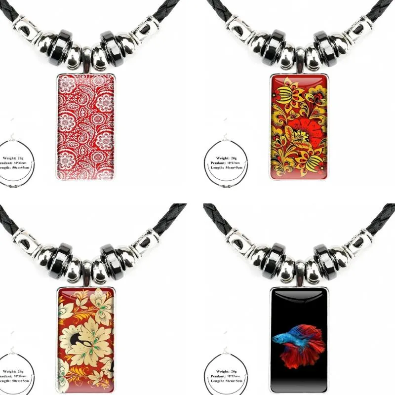Colliers pendentif pour femmes enfants cadeau motif personnalisé Khokhloma fleur noire mode verre cabochon hématite collier avec