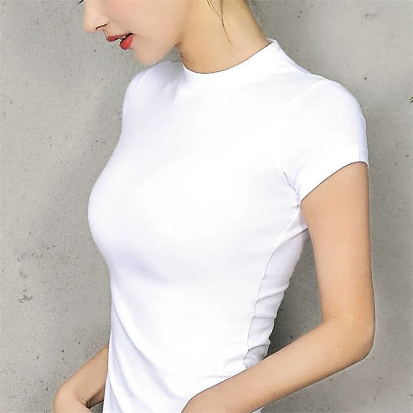 Camiseta de mujer de algodón de manga corta con cuello alto para mujer, camiseta básica que combina con todo, camiseta de mujer de color negro gris blanco 210719