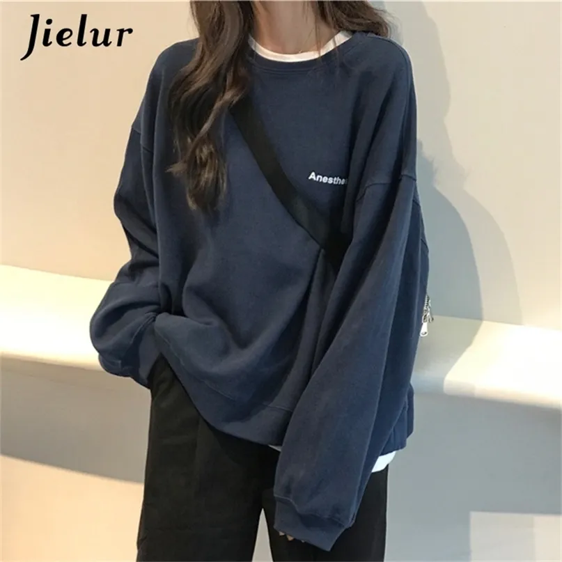 Jielur Kpop Letter Hoody Fashion Korean Thin Chic Womens Sweatshirts Cool Navy Blue Grey Hoodies for Women MXXL 220805