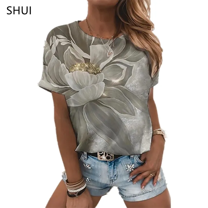 음악 티셔츠 섹시 패션 여성 Tshirt 여름 느슨한 여성 꽃 인쇄 XL 상단 3D 인쇄 초록 패턴 사랑스러운 220527