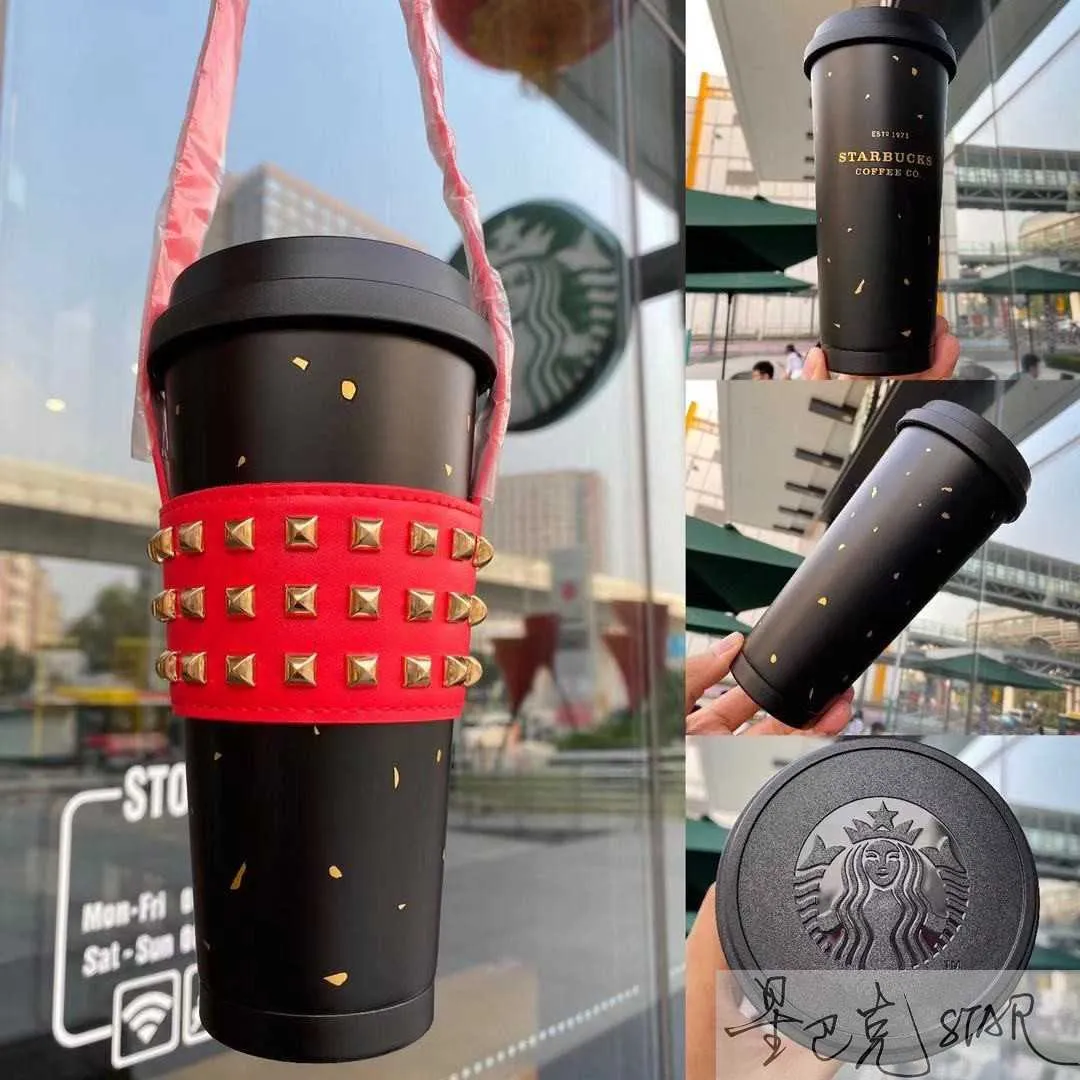 Starbucks cup Valentine's Day 500ml classic black gold stainless steel traveling thermos red cover