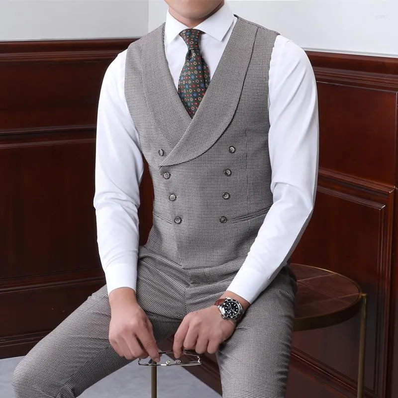 Men's Vests Houndstooth Suit Vest Double-breasted Lapel Jacket Slim Fit Business Sleeveless Steampunk Waistcoat