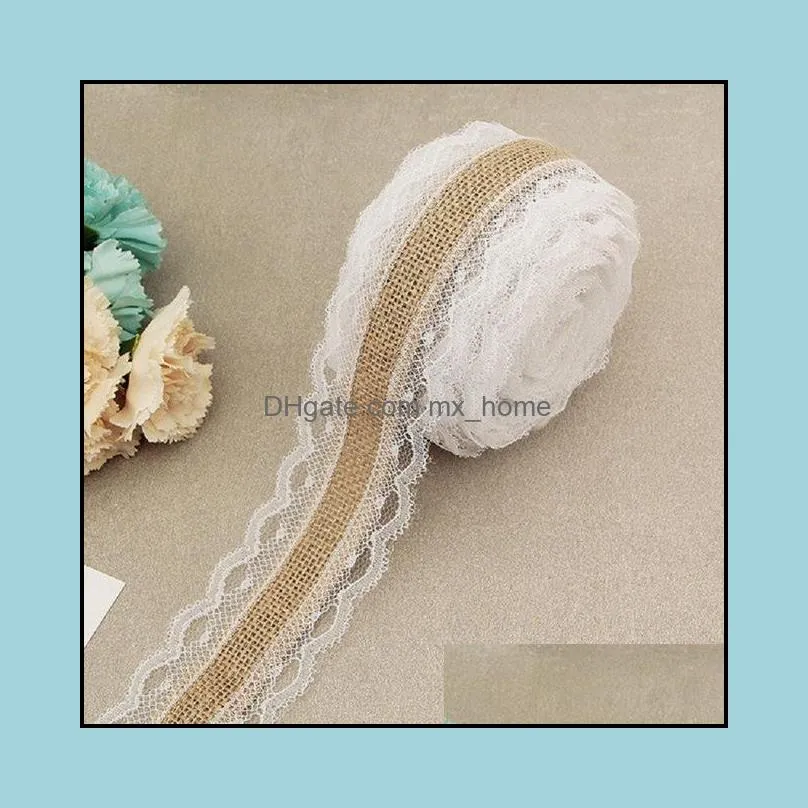 20M/Lot 25mm Natural Jute Burlap Hessian Lace Ribbon with White Lace Trim Edge Rustic Vintage Wedding Centerpieces Decor