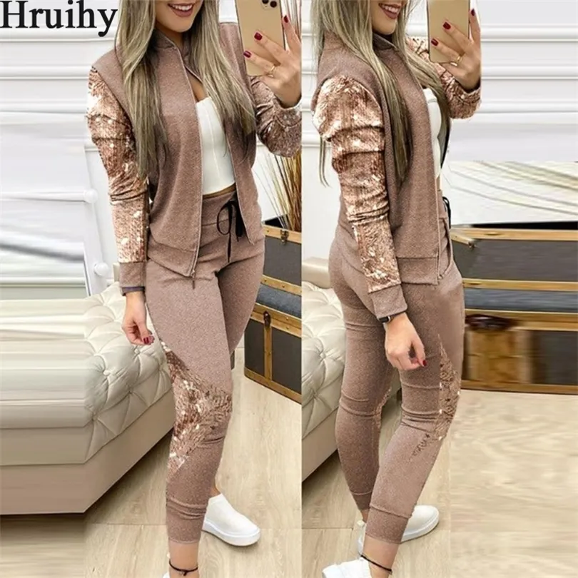 Herbst Winter Zweiteilige Outfits für Frauen Mode Pailletten Reißverschluss Mantel Tops Kordelzug Hosen Set Lässige Trainingsanzüge T201031