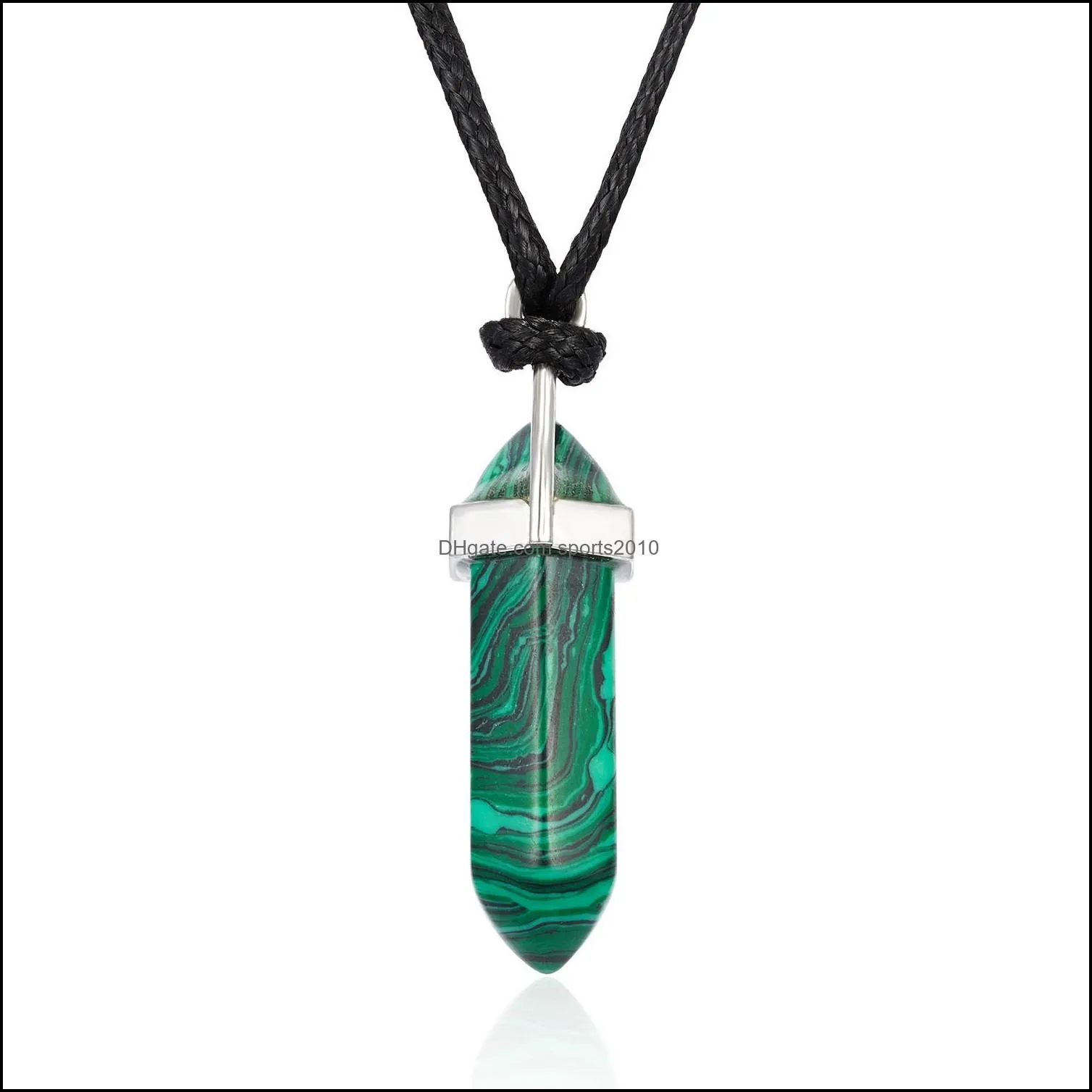 synthetic stone hexagonal prism pendant necklace amulet black rope chain necklaces for women men