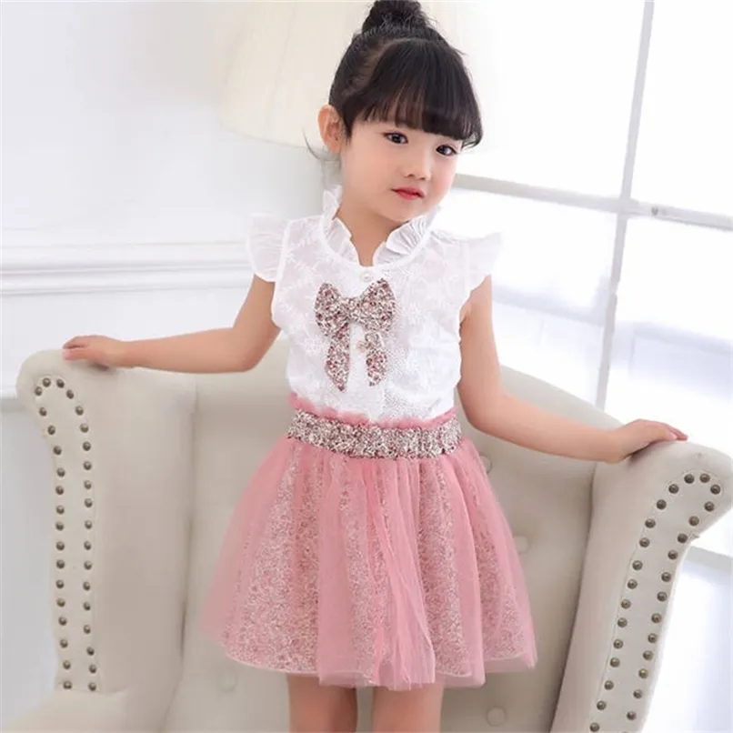 Baby Girl Clothing Set Vlinder Summer Lace Floral Short Sleeve White T-shirt Mesh Kjolkläder för 2 3 4 5 6 7 8 År 220507