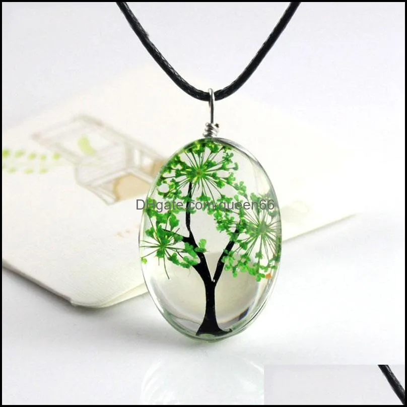 Retro Jewelry Real Dried Flower Necklace Tree of Life Shaped Leather Rope Glass Long Pendant Necklace for Women Gift