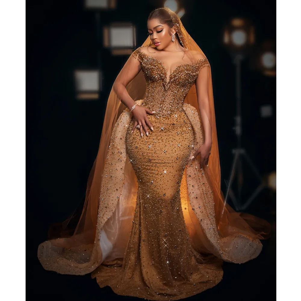 Custom-made Gold Gold fishtail wedding dress with Beaded Sequins, Tassel Detachable Train, and Sweetheart Neckline - Plus Size Bridal Gown