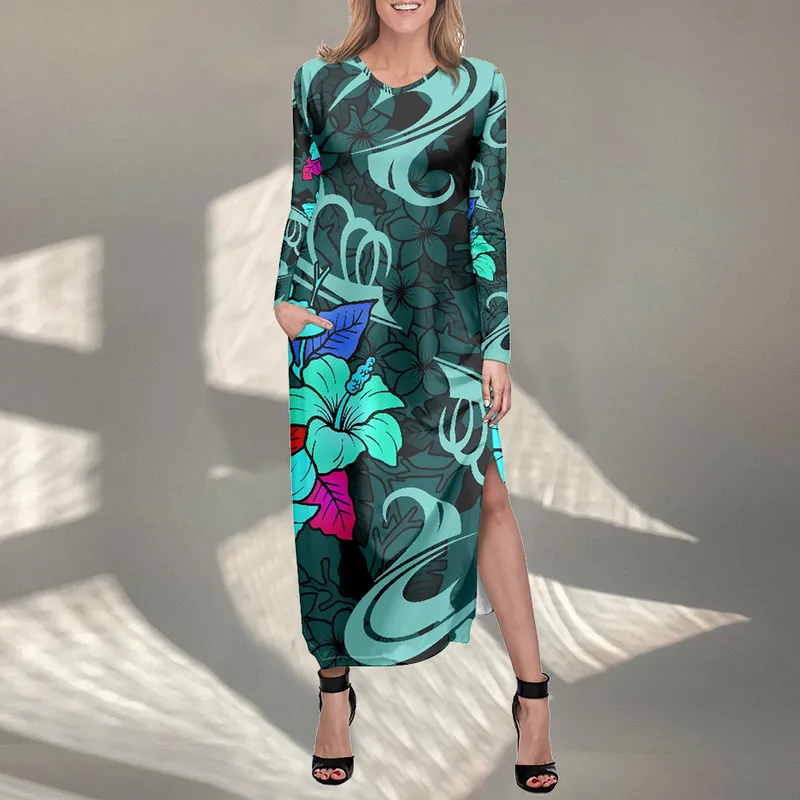 Noisydesigns Spring Autumn Długie Sukienki z długim rękawem dla kobiet mody Lady Robe Maxi Dress Plumeria Hibiscus Design Plus 220627