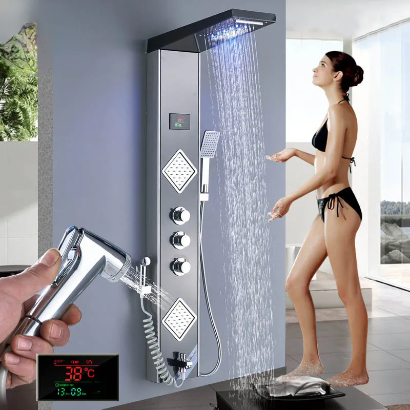 Panneau de douche à LED de cascade de pluie Tour de douche noire Tour d'écran numérique Temps 3 Handle Batch Tap Spray Bidet Douche
