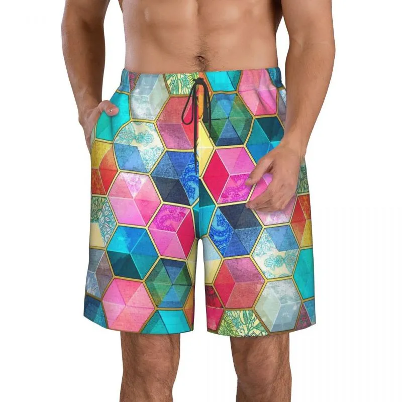 Herren Shorts Crystal Honeycomb Cubes Hexagon Herren Strandtasche Böhmischer Badeanzug Schnell trocknende Herren Badehose Surfen BoardshortsHerren