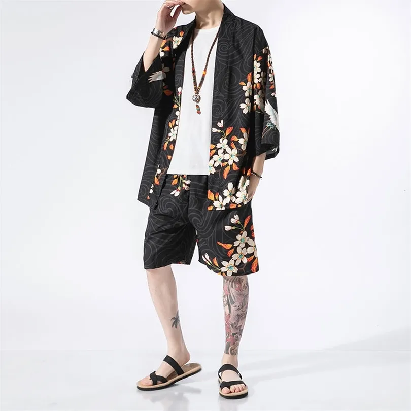 MRGB CRANE GRAFIC SOMMER MEN PUSS Kort ärm Hanfu Cardigan Kimono Sunscreen Overdized Shorts Shorts Men's Clothing 220621