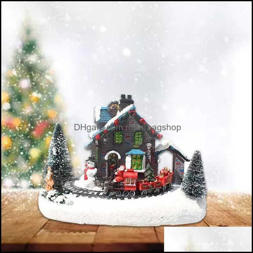 Christmas Village Figurines LED Lights Small Train House Luminous Landscape Resin Desktop Ornament 210924